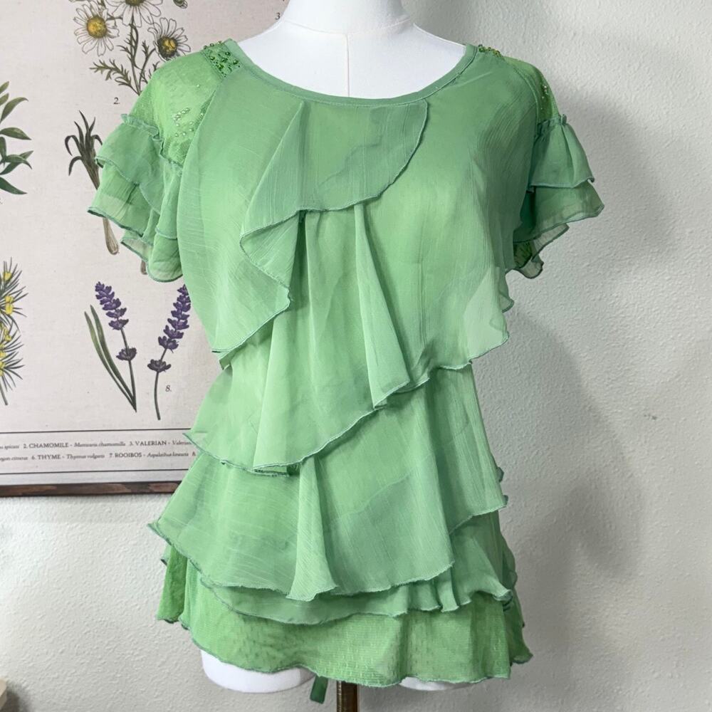 90s Y2k Ruffle Asymmetric Tie Back Silk Beaded Top Fairy Whimsy Forest MoriKei M